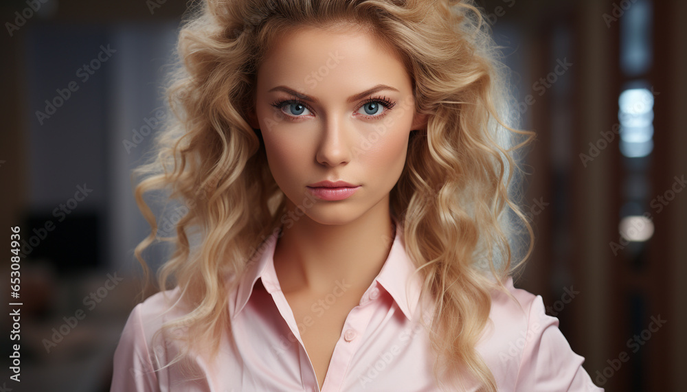 Beautiful woman with long blond hair looking at camera generated by AI Beautiful woman with long blond hair looking at camera generated by AI