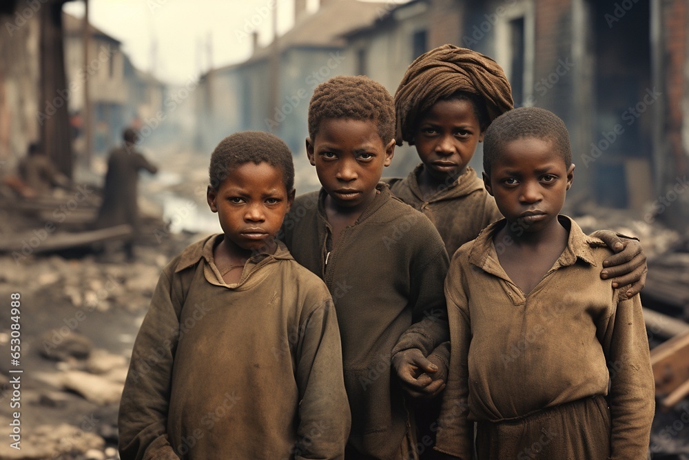 A group of African children in dirty clothes stands in bombed-out street. - obrazy, fototapety, plakaty 