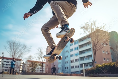 Skateboarder legs performing jumping trick.