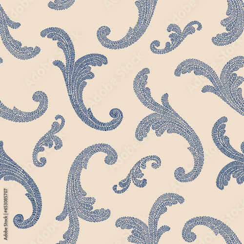 Vector seamless pattern of dark blue embroidered floral swirls on a beige background photo