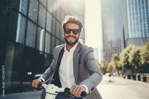Businessman enjoying ride on electric scooter. © Bargais