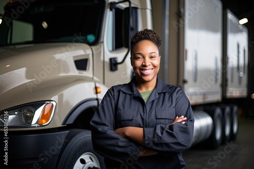 A smiling plus size female truck driver.