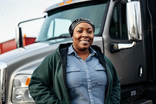 A smiling plus size female truck driver. © Bargais