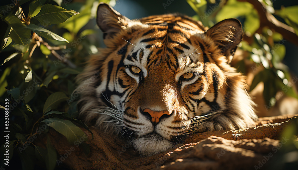 Obraz premium Majestic Bengal tiger staring, beauty in nature tranquility generated by AI