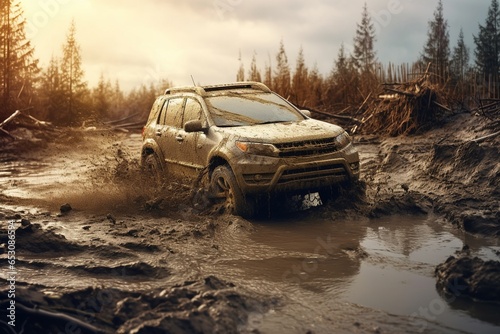 The off-road car drives through mud.