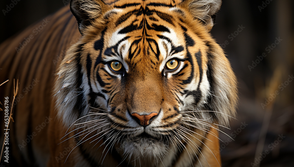 Bengal tiger, majestic and fierce, stares into the forest generated by AI