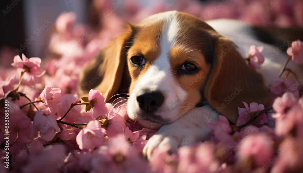 Cute puppy sitting, smelling flower, enjoying nature beauty generated by AI