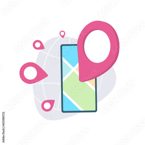 Delivery Services concept. Local and Global Logistics App with Map, globe and red pins. Online order delivery service with self-delivery warehouses. Vector illustration on white background with icons