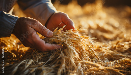 A farmer hand holds golden wheat in the summer generated by AI