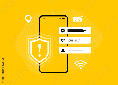 Malware notification, Mobile Fraud Alert concept. Protect from Scam calls and Online Threats, email spam or virus. Vector isolated illustration on yellow background with icons
