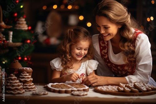 Mother and daughter are preparing Christmas cookies.