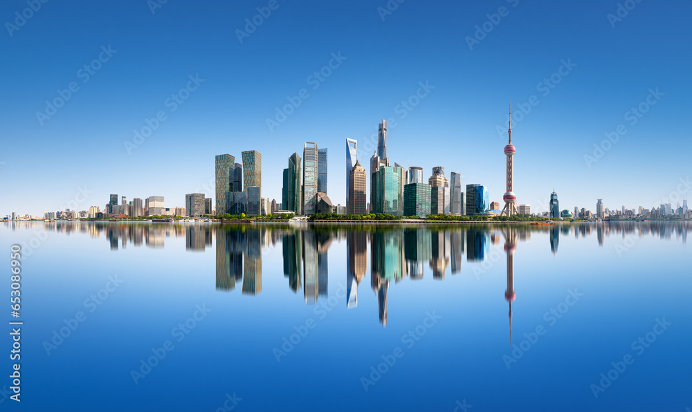 Panoramic skyline of Shanghai on a high-rise building