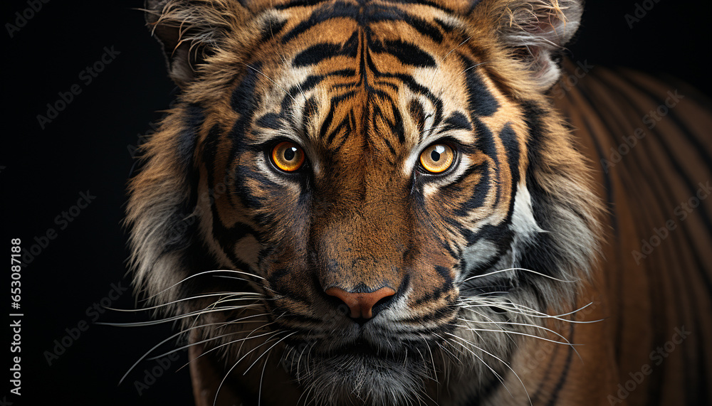 Majestic Bengal tiger staring, its striped fur a pattern of danger generated by AI