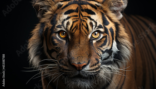 Majestic Bengal tiger staring, its striped fur a pattern of danger generated by AI © grgroup