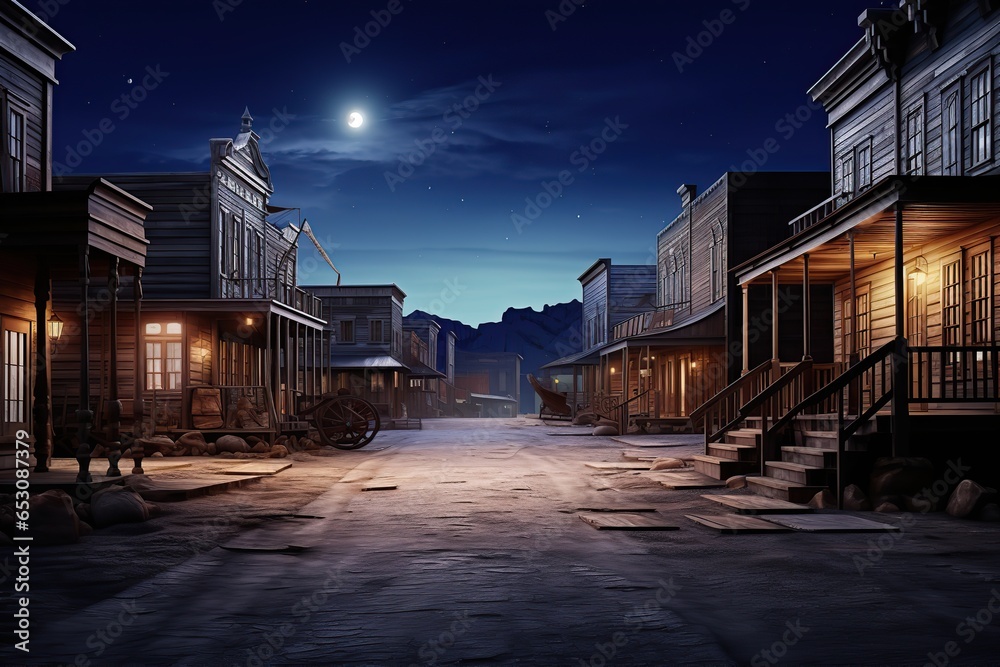 Western town street on moonlight - obrazy, fototapety, plakaty 