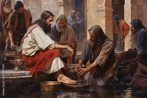 Jesus kneeling and washing men’s feet.