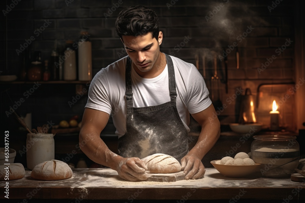 Young man chef preparing bread dough.