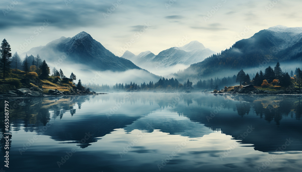 Tranquil scene mountain peak reflects in serene water generated by AI