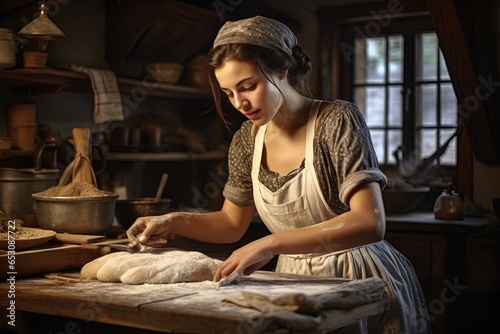 Young woman chef preparing bread dough.