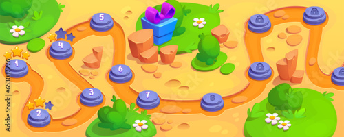 Game road map with level indicators. Sand desert with green grass and plants islands, gift box with bow, path way with stone platform for each stage. Cartoon vector illustration of gui design.