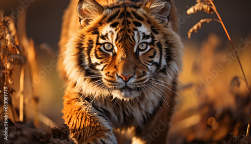 Majestic Bengal tiger  fierce hunter  staring into the sunset generated by AI