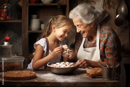 Grandmother with granddaughter baking.