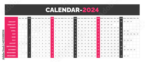 2024 linear calendar. Linear horizontal planner desktop calendar for 2024 year. corporate business Yearly calendar template. Annual schedule grid with 12 months. Horizontal, landscape orientation.