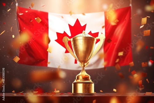 Golden trophy and streamers in sport competition with Canada flag in background. photo