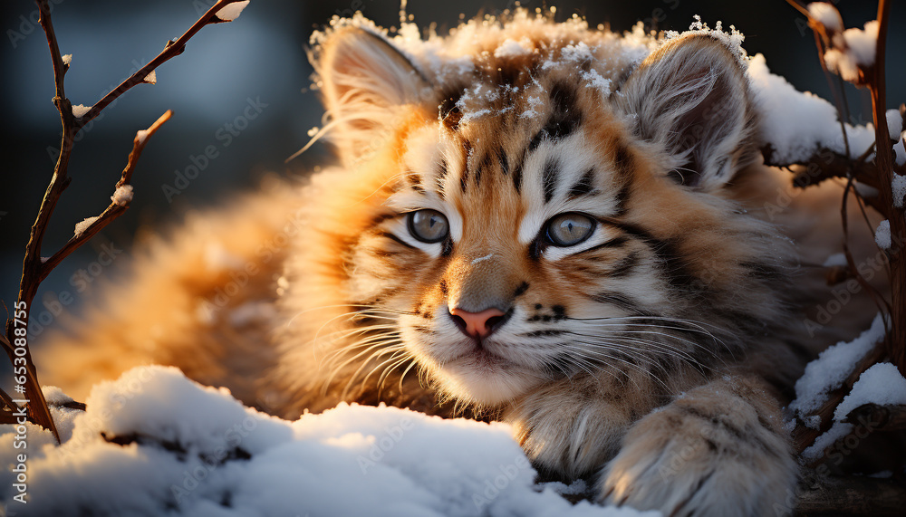 Fototapeta premium Cute tiger kitten looking at camera in snowy forest generated by AI