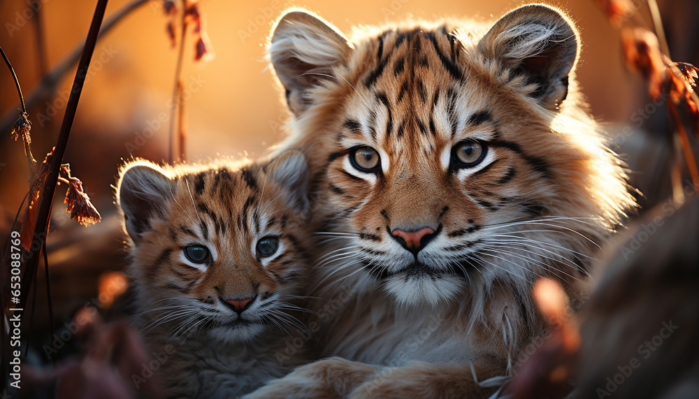 Cute young tiger playing, staring at camera, in nature generated by AI Cute young tiger playing, staring at camera, in nature generated by AI