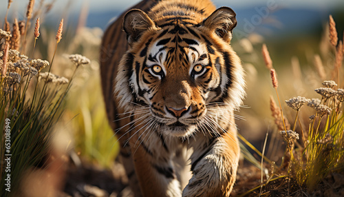 Majestic Bengal tiger staring, hiding in tranquil wilderness generated by AI © grgroup