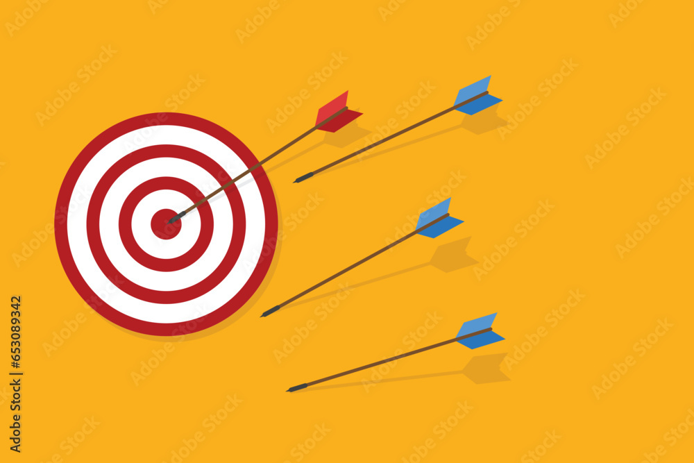Blue arrows missed hitting target and only red one hits the center. Business challenge failure and success concept. Blue arrows missed hitting target and only red one hits the center. Business challenge failure and success concept.
