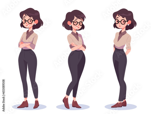 Girl in different poses in modest clothes and glasses, cute and shy, cartoon style