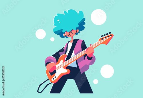 Stylish musician guitarist wearing glasses with blue fluffy hair in a stylish simple graphic