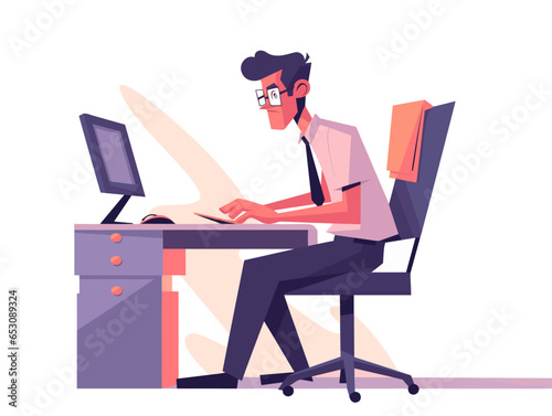 Office worker in glasses in business clothes sits working at a computer desk
