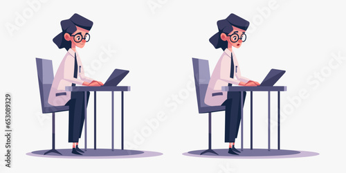 Vector illustrations of girl wearing glasses and doctor or scientist suite working at the office in her laptop with two different emotions