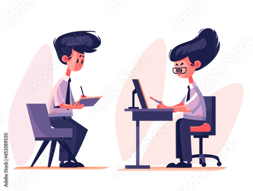Office workers solve issues, interact, work at a computer, write in a notebook 