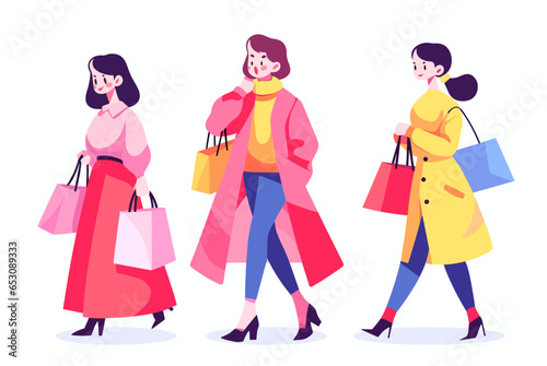 Three fashionista girls in bright outfits return with purchases from shopping