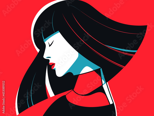 Stylized girl portrait in a minimalistic clean vector style in an abstract manner in a red background