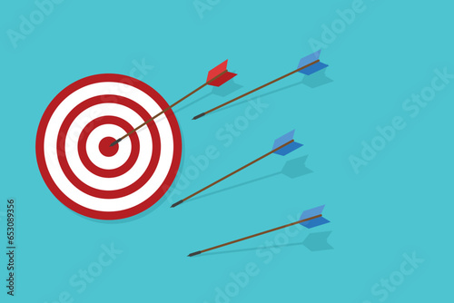 Blue arrows missed hitting target and only red one hits the center. Business challenge failure and success concept. 