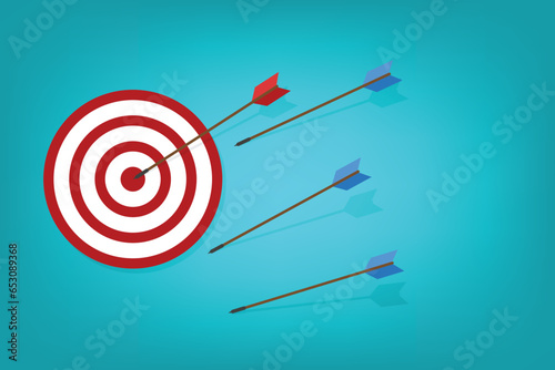Blue arrows missed hitting target and only red one hits the center. Business challenge failure and success concept. 