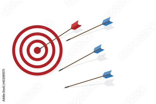 Blue arrows missed hitting target and only red one hits the center. Business challenge failure and success concept. 