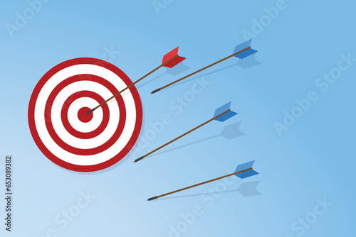 Blue arrows missed hitting target and only red one hits the center. Business challenge failure and success concept. 