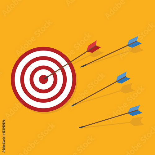 Blue arrows missed hitting target and only red one hits the center. Business challenge failure and success concept. 