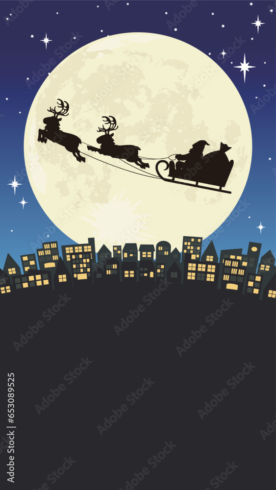 Naklejka premium クリスマスの夜に星空の中をトナカイのソリで飛ぶサンタクロースのシルエットのベクターイラスト