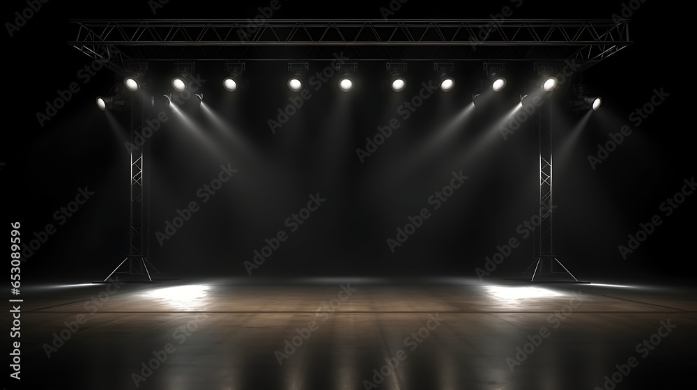 Spotlights illuminate empty stage with dark background - obrazy, fototapety, plakaty 