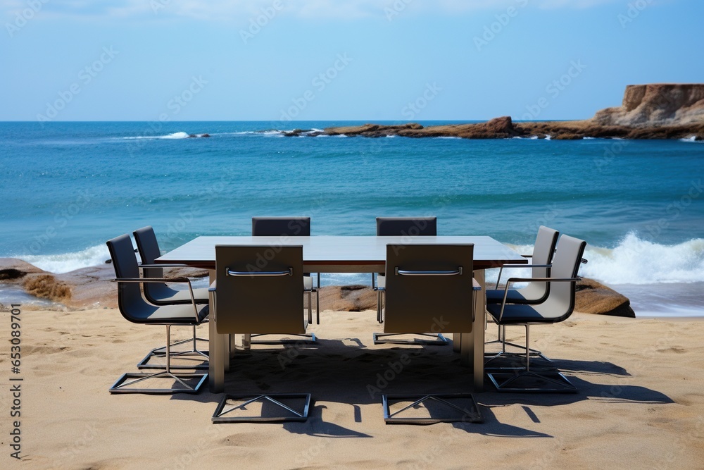 Conference table with chairs at the beach.