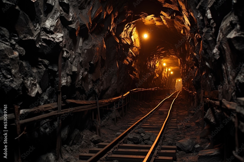 Fototapeta premium Coal mine tunnel, rails for coal transport.