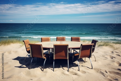Conference table with chairs at the beach.