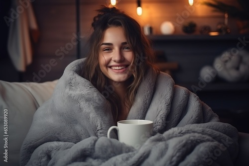 Young woman drinking coffee while sitting under the covers on the couch at home.